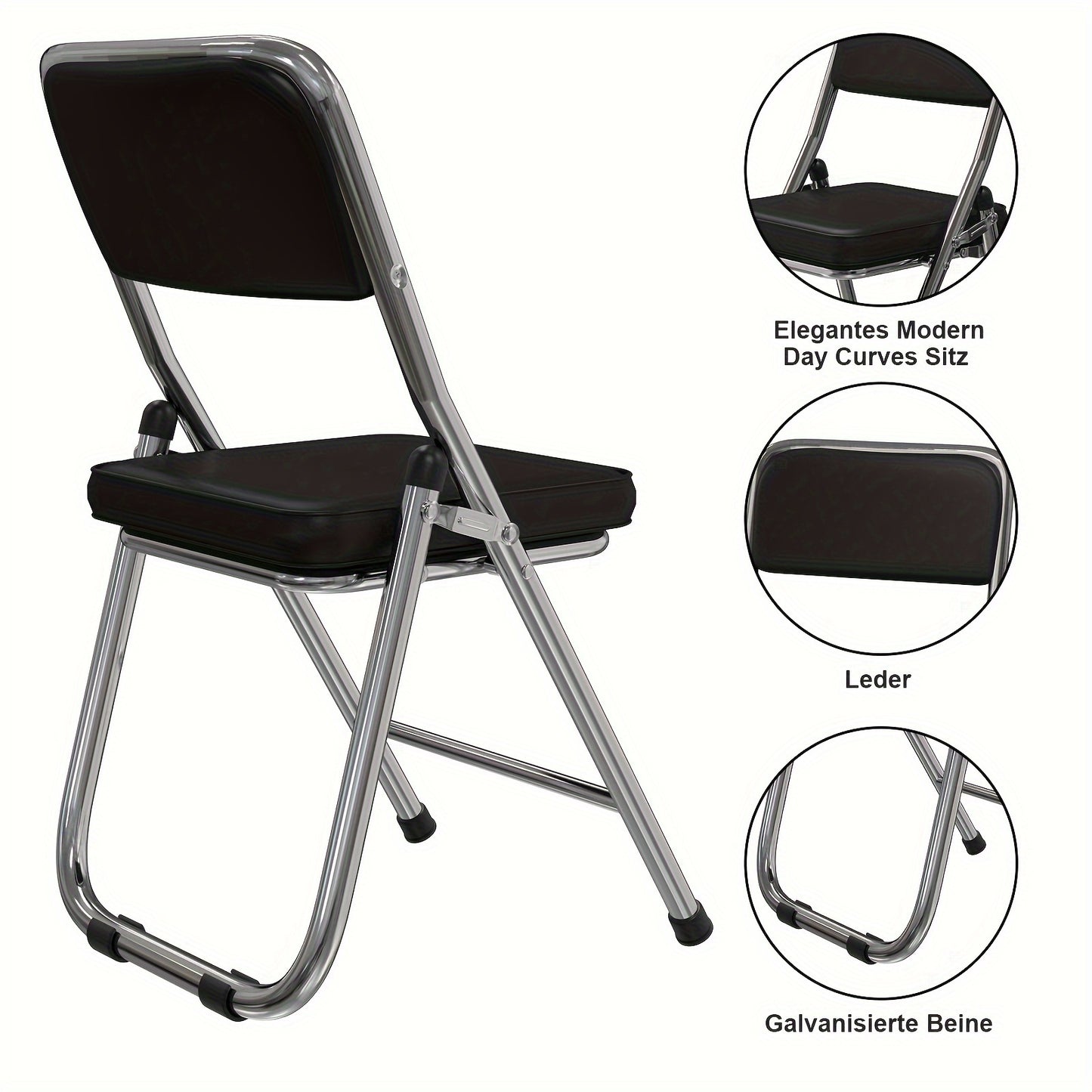 Set van 4 Comfortabele Opvouwbare Stoelen – Leren Bezoekersstoelen en Eetkamerstoelen – Padded Keukenstoelen voor Binnen, Buiten en Vergaderruimtes, Zwart