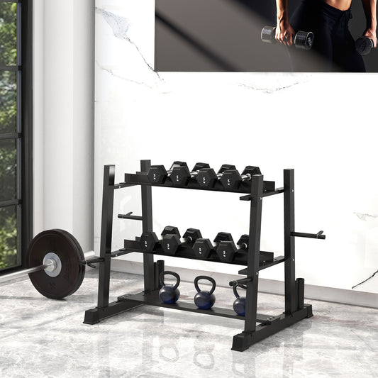 Dumbbellrek – Halterrek – Kettlebellrek – Gewichtenschijfrek – Opbergrek Fitness – Verstelbaar 3-Laags – Stabiel Stalen Frame – 131 x 75 x 80 cm Zwart