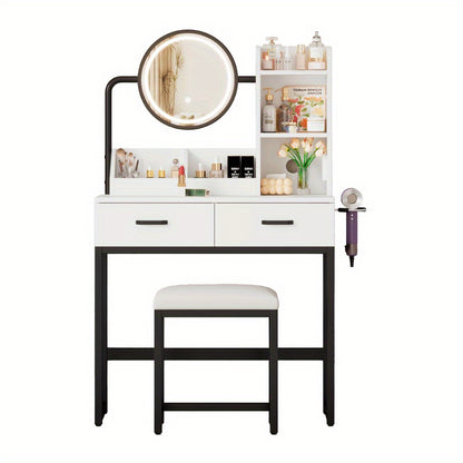 Kaptafel – Make-up Tafel – Vanity Desk – Cosmeticatafel – Draaibare Spiegel – Compact & Ruimtebesparend – Glas Tafelblad – 2 Lades & Open Planken – Wit