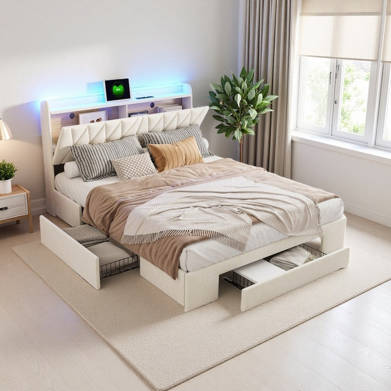 Bed 160 x 200 cm – Ledikant – Boxspring – Opbergbed – Tweepersoonsbed – Met USB-poort – 3 Wisselbare LED-kleuren – Velvet Bekleding
