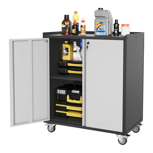 Metalen Garagerek – Gereedschapskast – Werkplaatskast – Opslagkast – Rollende Kast – Vergrendelbare Deur – 89,99 cm Hoog – Stevige Constructie – Grijs