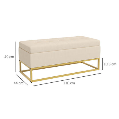 Storage Bench with Decorative Button Tufting, Flannel Look, Gold Steel Legs, 110 x 47 x 46.5 cm