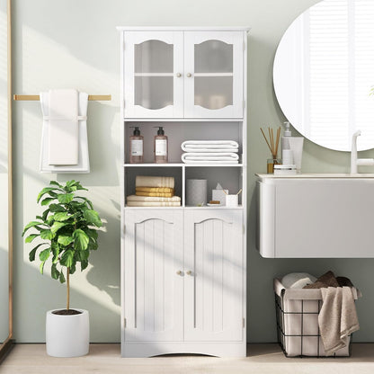 Badkamerkast – Badmeubel – Kolomkast – Wastafelonderkast – Medicijnkastje – Vrijstaand ontwerp – Verstelbare planken – Matglas deuren – MDF wit 60x30x148,5 cm