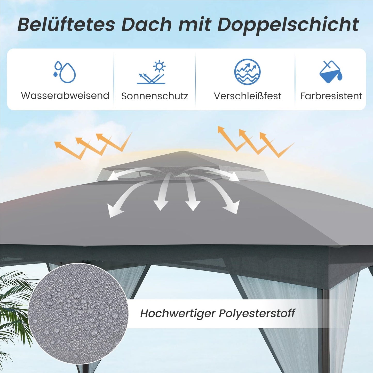 Tuinpaviljoen – Partytent – Tuintent – Prieel – Pergola – 3 x 3,6 m – Waterdicht Dubbel Dak – Inclusief Muggennetten & Zandzakken – Grijs