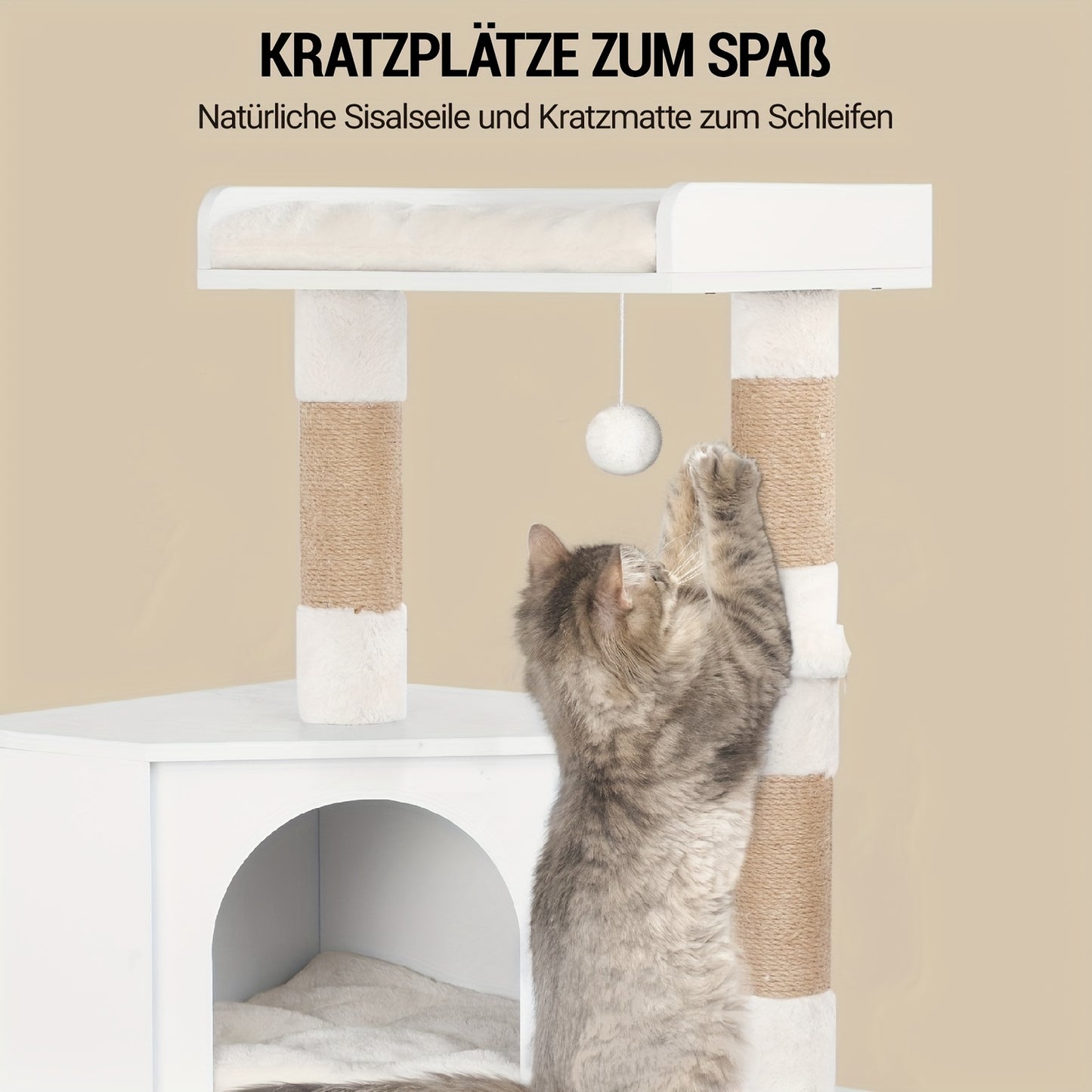 Kattenmeubel 4-in-1 – Kattenboom – Krabpaal – Kattenhuis – Kattenbakmeubel – Taupe – Ruim & Stabiel – Verstopte Kattenbak Met Sisal Krabpalen