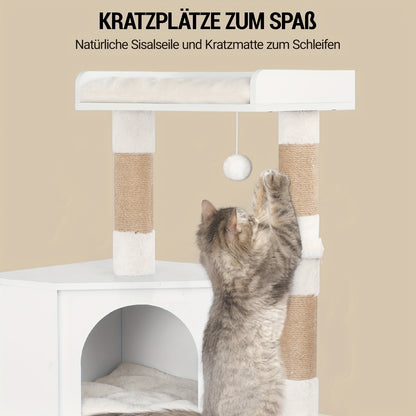 Kattenmeubel 4-in-1 – Kattenboom – Krabpaal – Kattenhuis – Kattenbakmeubel – Taupe – Ruim & Stabiel – Verstopte Kattenbak Met Sisal Krabpalen