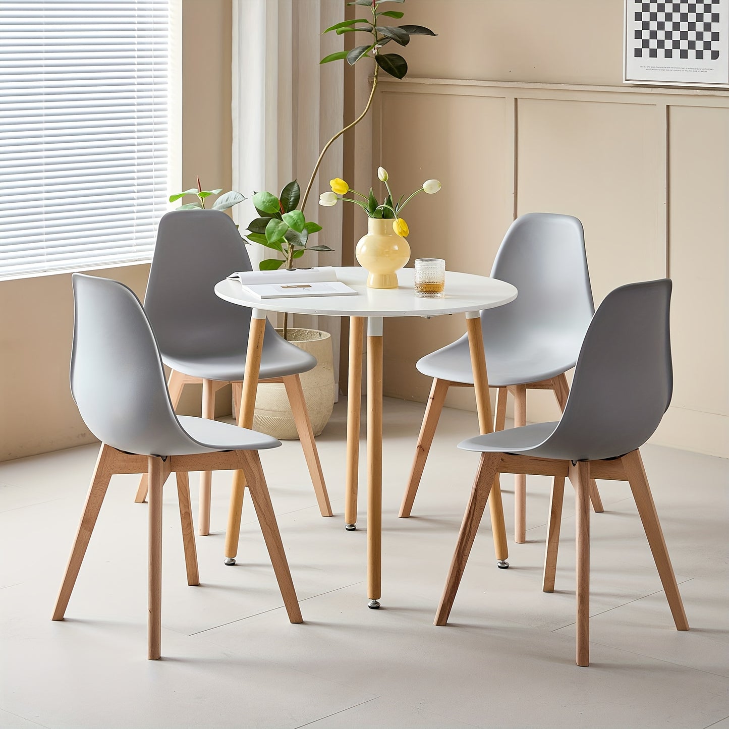 EGoonM 5pcs Scandinavian Modern Dining Table Set with 4 Chairs - White MDF & Beech Wood Tabletop, Space-Saving Compact Kitchen/Dining Room Furniture, White/Black/Grey/Khaki Chairs, Modern Minimalist Table & 4 Seating for Smal