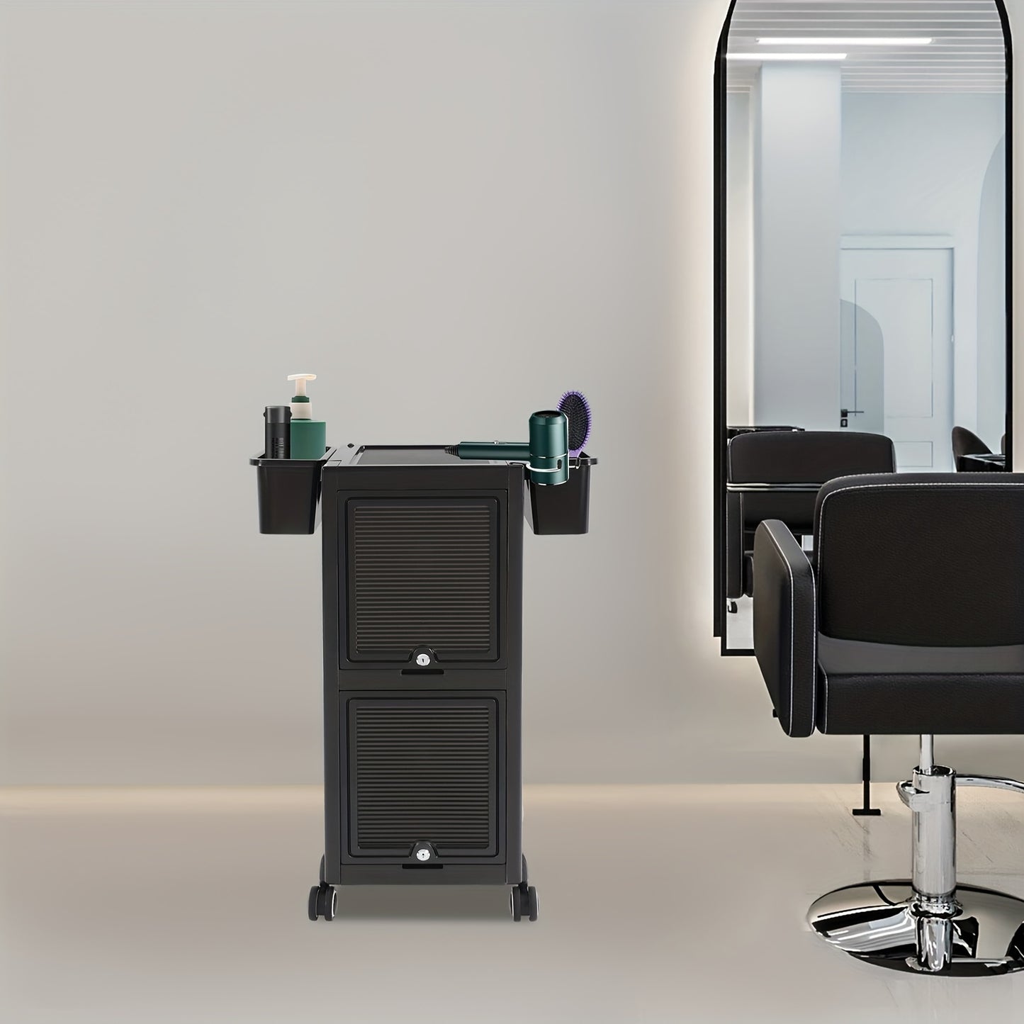 Opbergtrolley Salon – Beauty Trolley – Kapperskar – Opbergwagen – Werkplaatswagen – Met 6 Laden & 2 Zijmanden – Zwart Kunststof – Stil 360° Zwenkwielen & Haardrogerhouder
