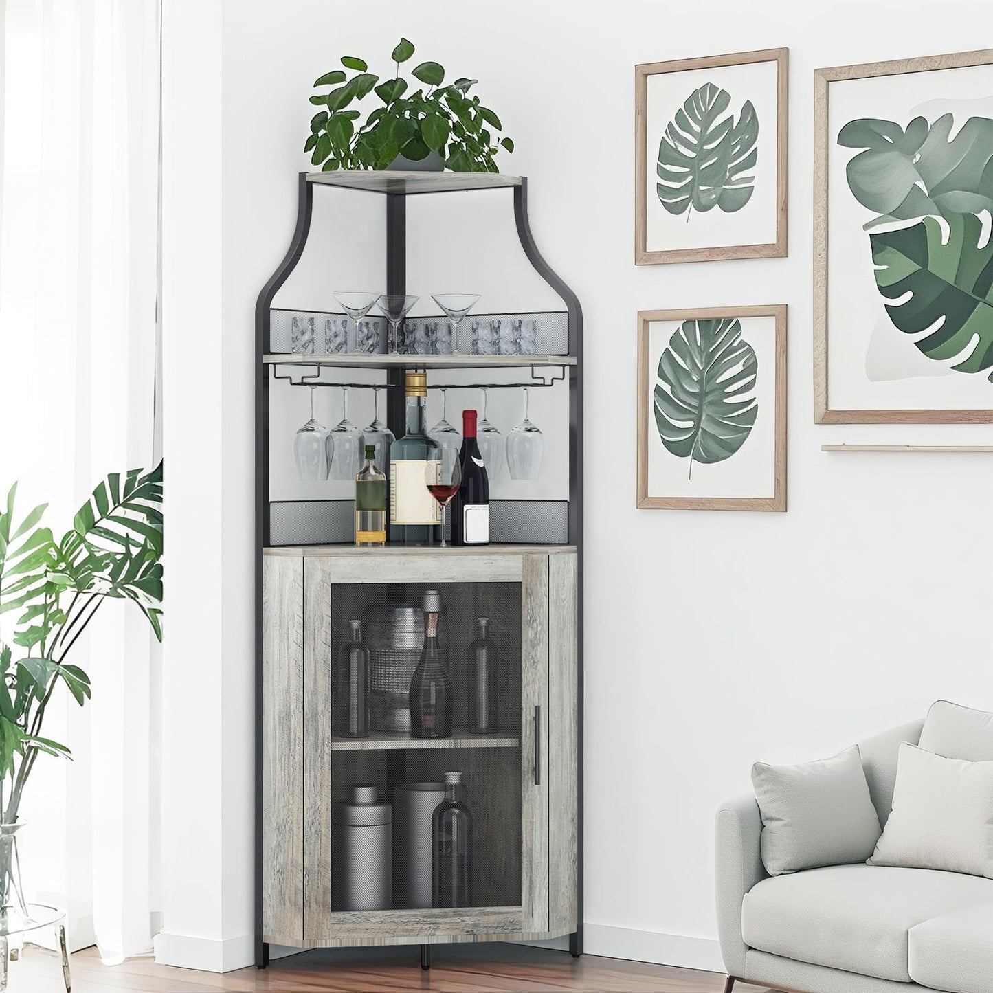 Modern Wine & Liquor Corner Bar Cabinet with Glass Rack - -Standing Storage Cabinet Suitable for Living Room, Dining Room - Wine Shelf with Mesh Door & Assembly Required