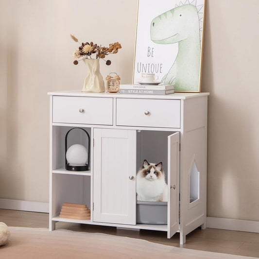 Kattenbak Ombouw – Kattenbak Kast – Kattenbak Verstopplek – Kattenbak Opbergmeubel – Kattenbak Meubel – Wit MDF – 2 Deuren en 2 Lades