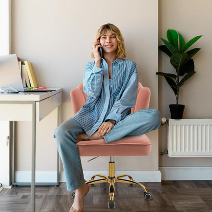 Velvet Bureaustoel – Draaistoel – Bureaustoel Met Wielen – Verstelbare Stoel – Ergonomische Stoel – Hoogwaardige Houten Basis – Comfortabele Zitting In Roze