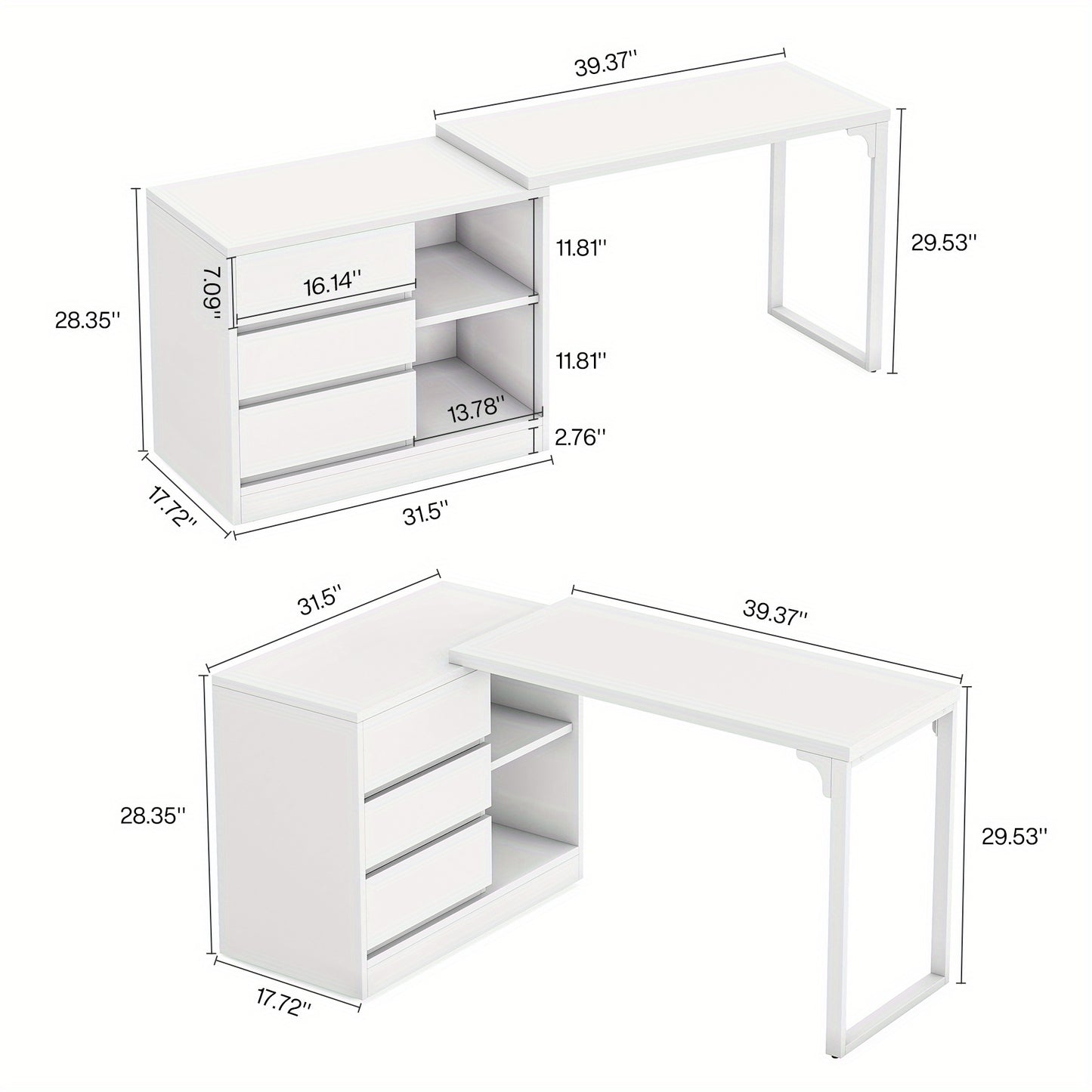 Make-up Tafel – Kaptafel – Visagie Tafel – Dressing Table – Vanity Desk – Wit – 3 Lades & 2 Planken – Ruimtebesparend Hoekontwerp