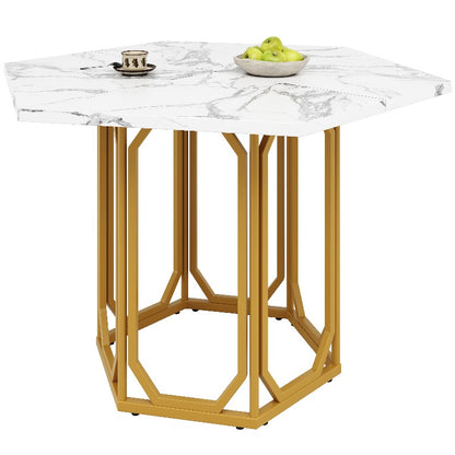 Hexagon Marble Table - White & Grey Veining Marble Top with Golden Metal Legs, Modern Retro Hexagonal Dining Desk, No Assembly Required, Marble Countertop Kitchen/Breakfast Table for Small Spaces, Durable Non-Wood Furniture