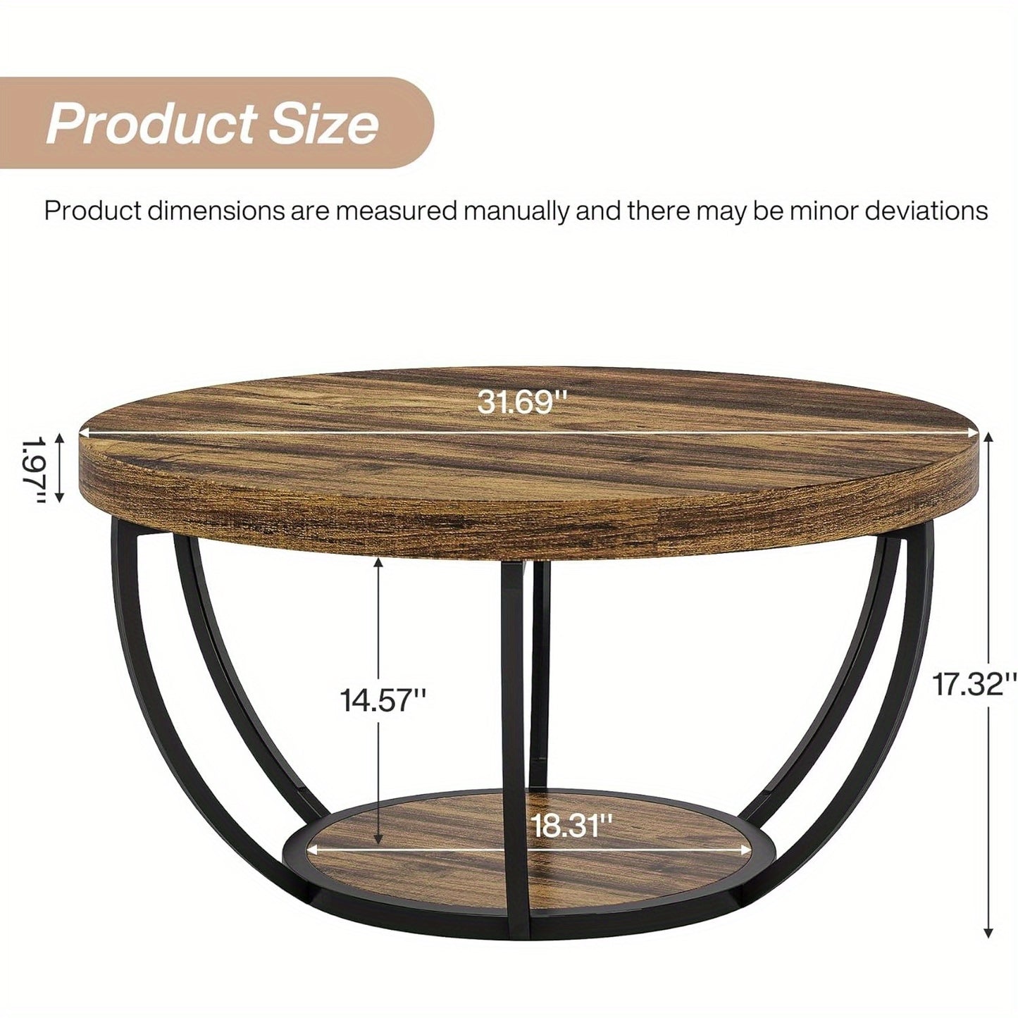 80.52 cm Rustic Modern Round Coffee Table with 2-Tier Storage - Sturdy Engineered Wood & Metal Frame, & Natural Wood-Look Finish, Space-Saving Design, Easy Assembly, Versatile Accent Center Table for Living Room, Office