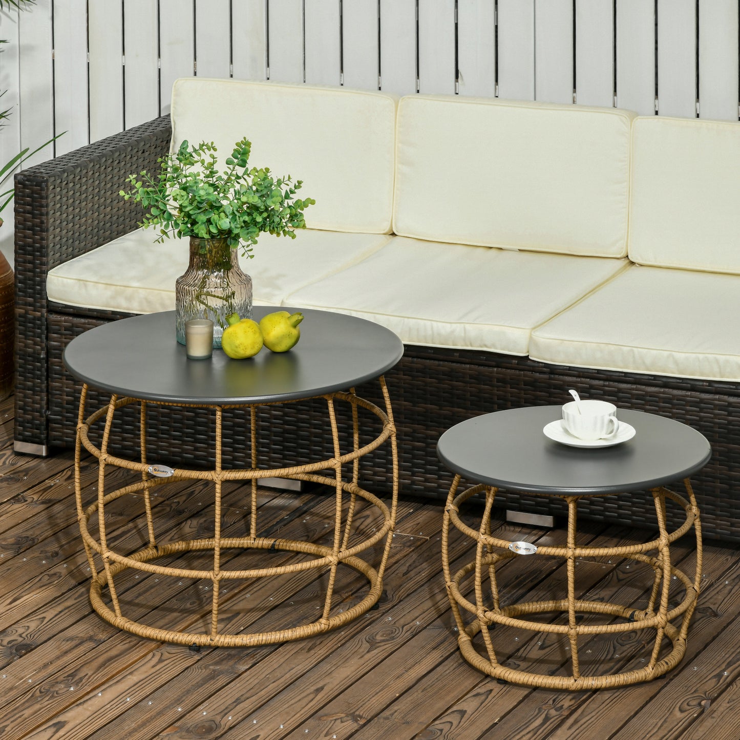 Boho tuinset – Bijzettafels – Tuinmeubels – Tuin tafels – Buiten tafels – Zandkleurig – Weerbestendig kunststof – Stapelbaar design