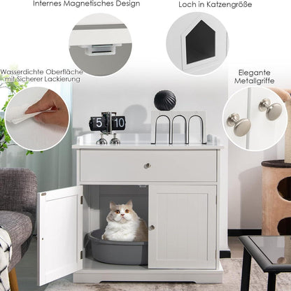 Kattenkast – Kattenhuis – Kattenbakkast – Kattenmeubel – Kattenverblijf – 3-in-1 Design – Ruime Lade – Wit MDF Met Ventilatie