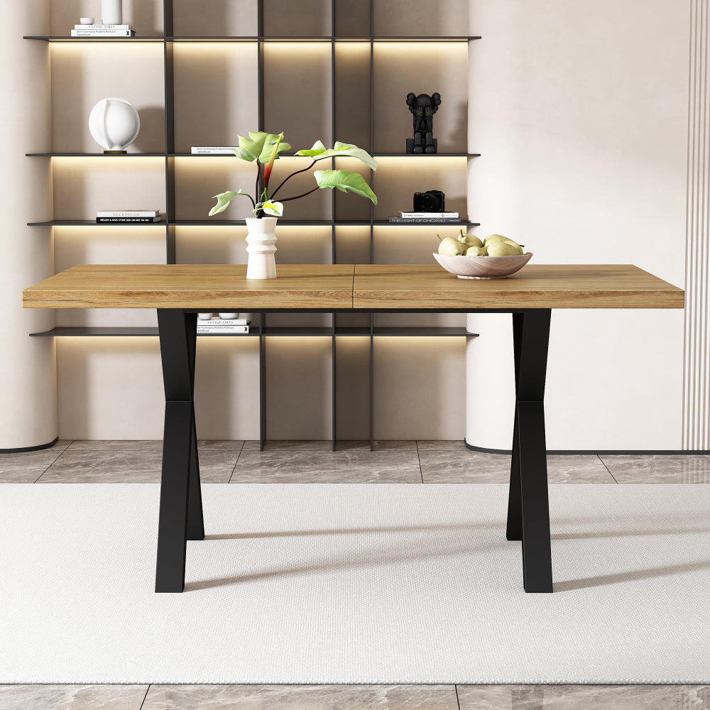 Durable and sturdy dining table with cross-leg design, rectangular shape, modern minimalist wrought iron dining table, 140*80*76cm, suitable for dining room, living room, hallway, color is natural wood.