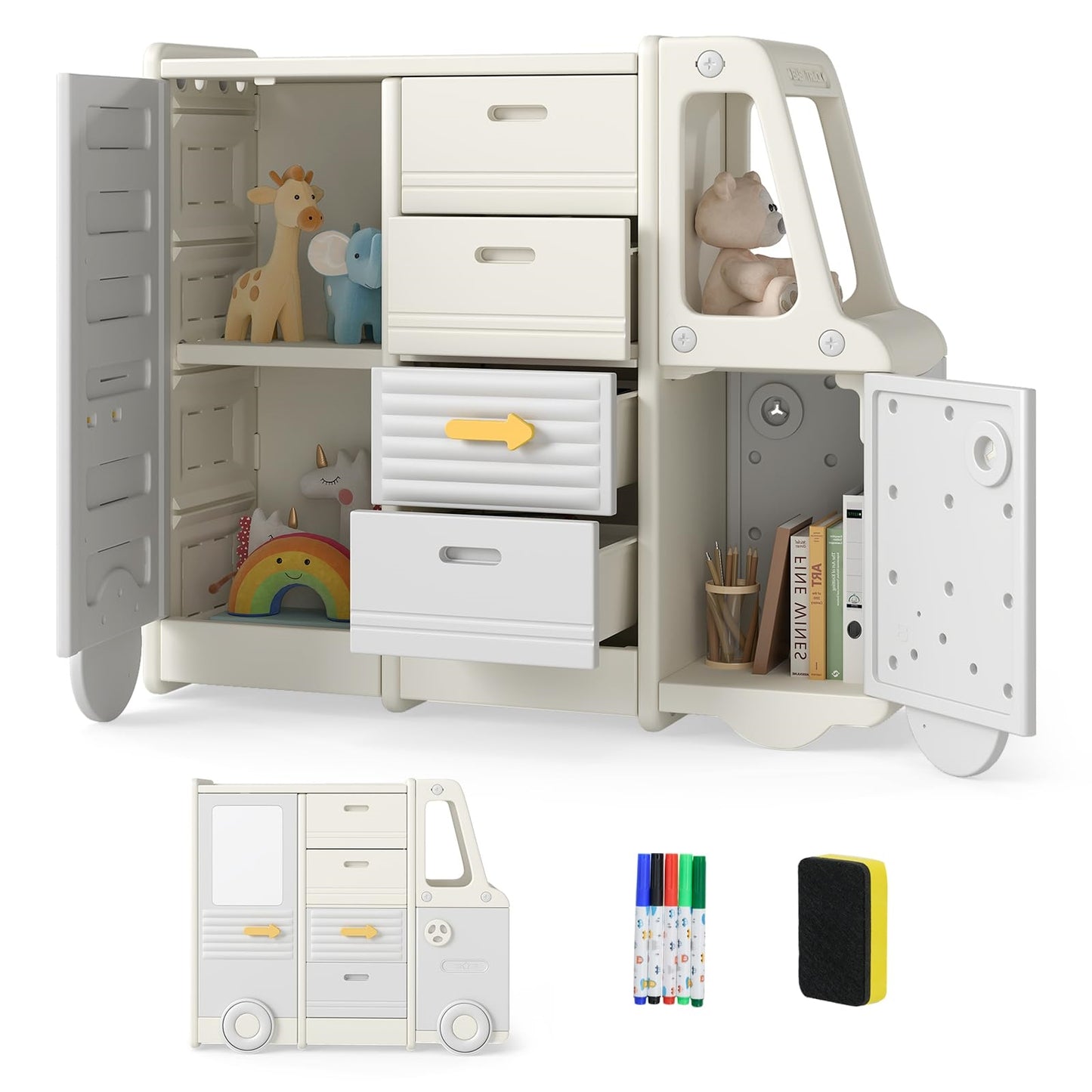Speelgoedrek Bus – Kindershelf – Opbergkast – Kinderboekenrek – Speelgoedkast – Met Whiteboard – 111 x 34 x 94 cm – Veilig HDPE & PP Materiaal