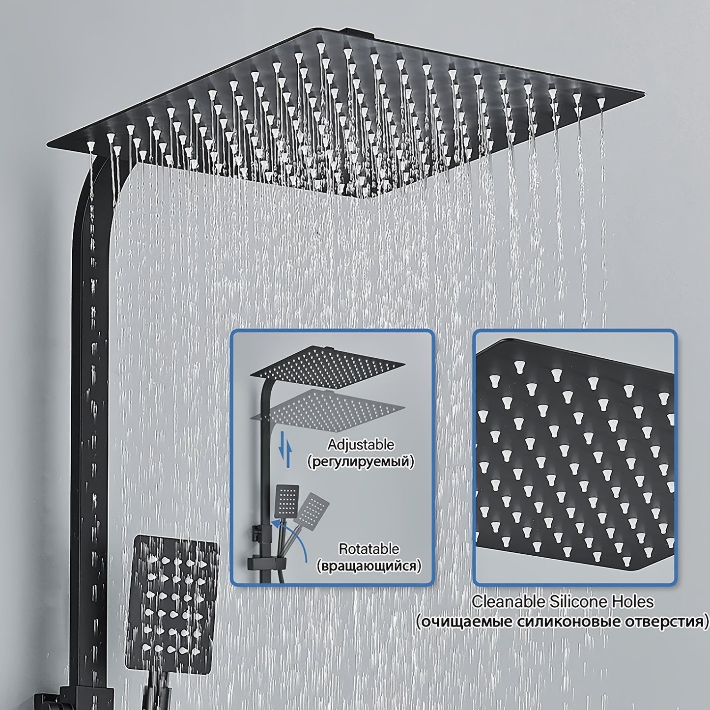 Matzwarte Doucheset – Douchepakket – Regendouche – Handdouche – Badkraan – 30,48 cm Vierkant – Messing – Dual-Function – Wandmontage – Verstelbare Plank – Geen Elektriciteit Nodig
