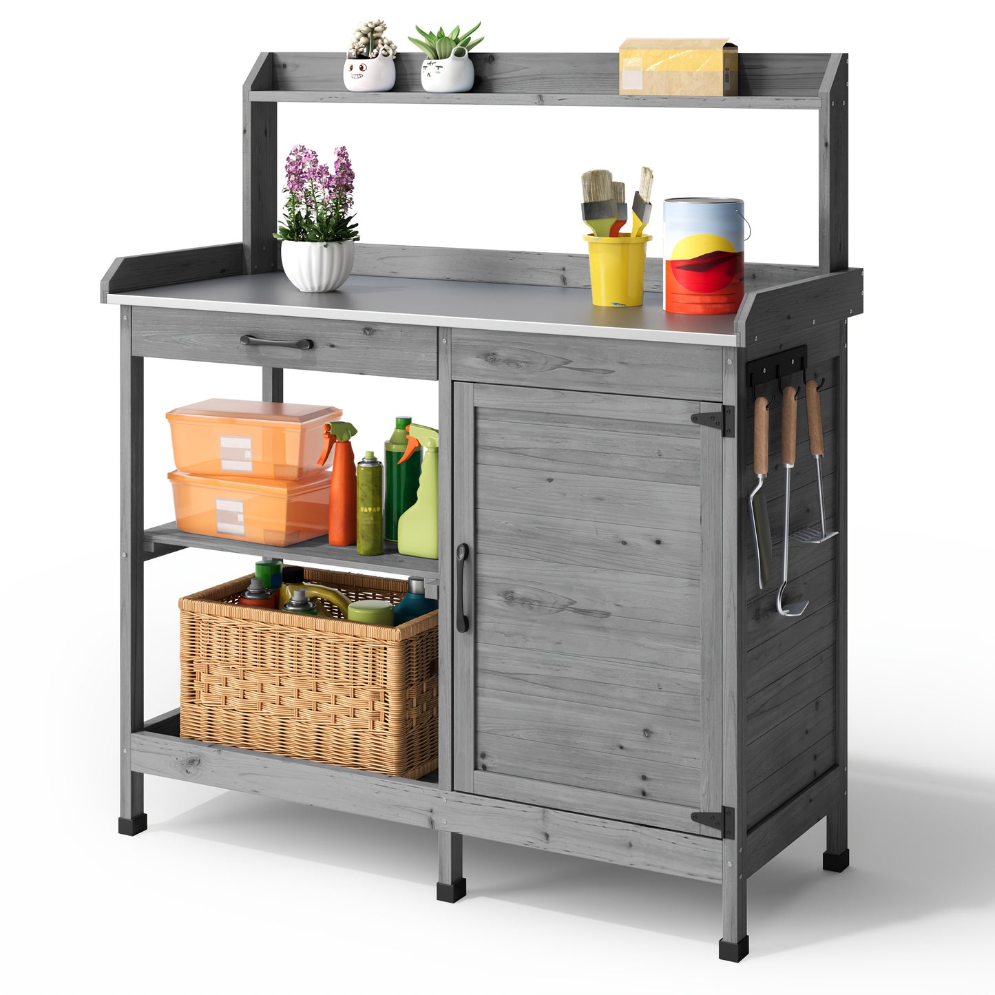 Tuinwerkbank – Oppottafel – Tuinwerktafel – Plantentafel – Tuinwerkbank Met Opbergruimte – Met Metalen Werkblad – Handige Zijhaken – Duurzaam Hout