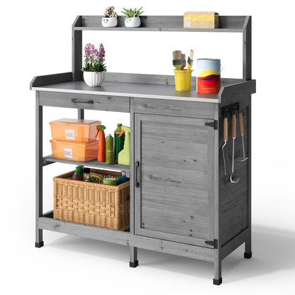 Tuinwerkbank – Oppottafel – Tuinwerktafel – Plantentafel – Tuinwerkbank Met Opbergruimte – Met Metalen Werkblad – Handige Zijhaken – Duurzaam Hout