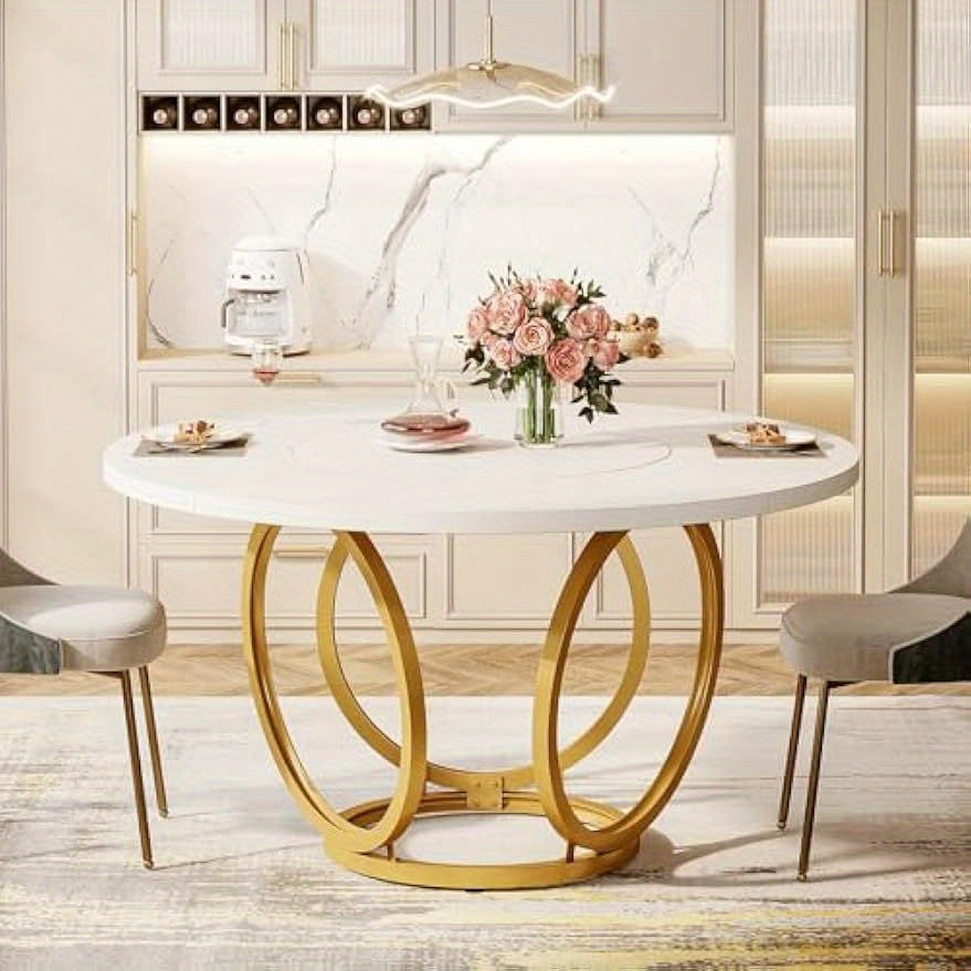 Ronde Eettafel – Ronde Tafel – Keukentafel – Eetkamertafel – Salontafel – MDF Tafelblad – Gouden Metalen Onderstel – 120 cm Diameter – Geschikt Voor 4-6 Personen