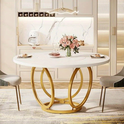 Ronde Eettafel – Ronde Tafel – Keukentafel – Eetkamertafel – Salontafel – MDF Tafelblad – Gouden Metalen Onderstel – 120 cm Diameter – Geschikt Voor 4-6 Personen