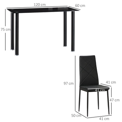 Eettafelset – Eethoek – Keukentafelset – Eettafel Met Stoelen – Zitgroep – Gehard Glas Tafelblad – Gepoedercoat Stalen Onderstel – Zwart