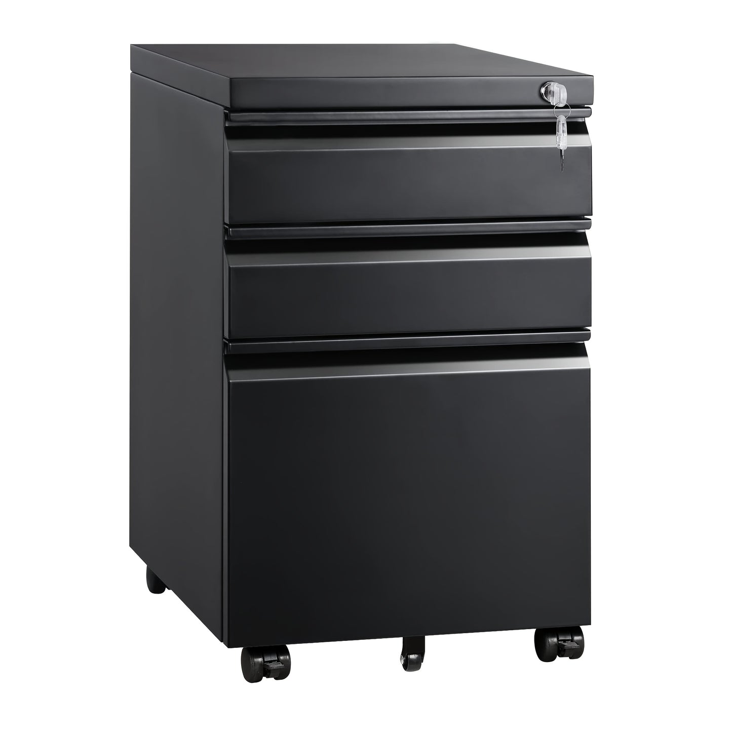 Mobiele Ladenkast – Rolcontainer – Archiefkast – Bureaulade – Kantoorkast – Metalen Constructie – 3 Afsluitbare Laden – Zwenkwieltjes – Zwart – 68,58 cm Hoog