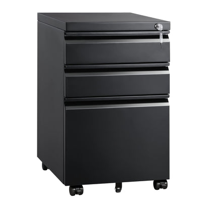 Mobiele Ladenkast – Rolcontainer – Archiefkast – Bureaulade – Kantoorkast – Metalen Constructie – 3 Afsluitbare Laden – Zwenkwieltjes – Zwart – 68,58 cm Hoog