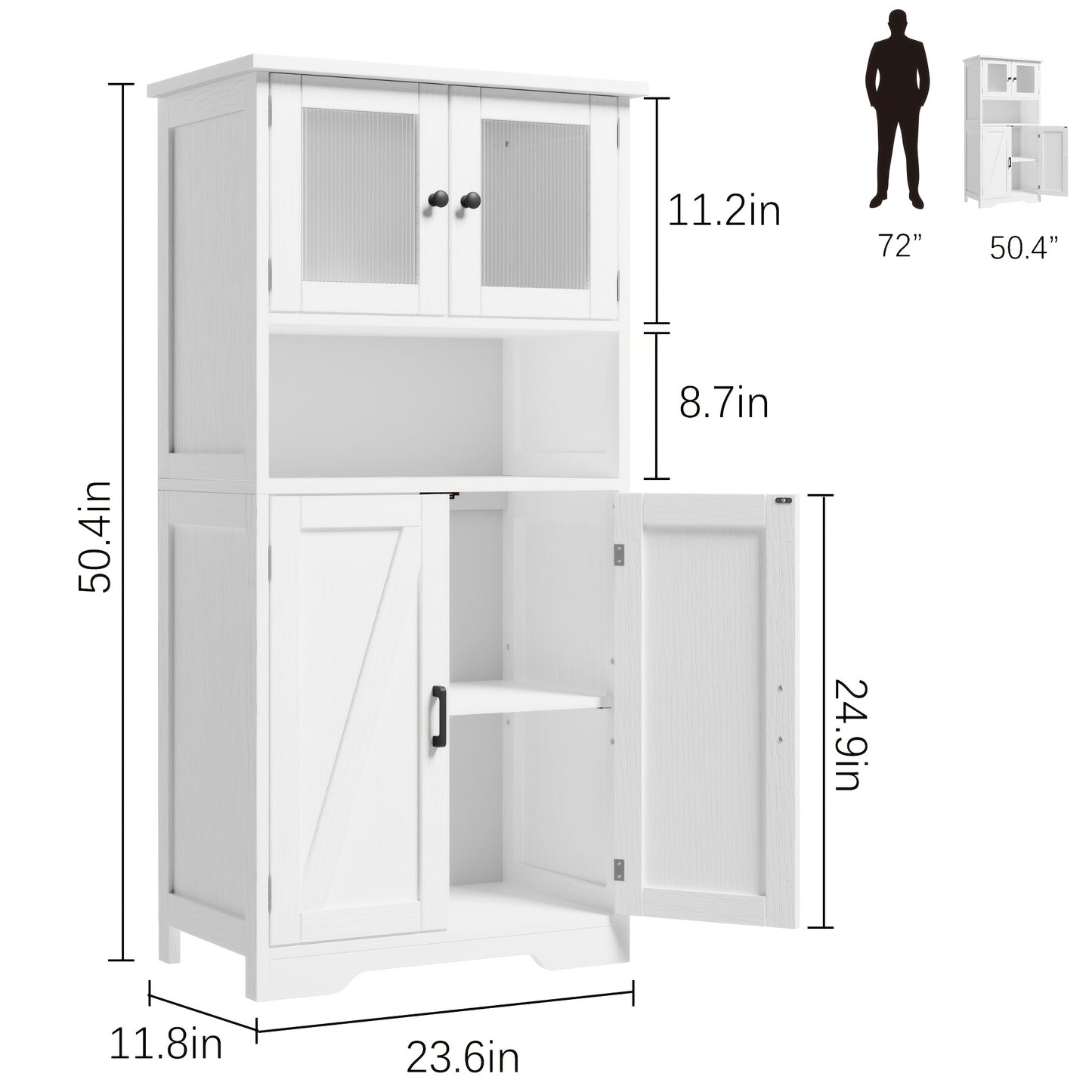 Badkamerkast – Badkamermeubel – Opbergkast – Kolomkast – Wastafelonderkast – Landelijke Stijl – Verstelbare Planken – Glazen Deuren – Wit – Hardhout