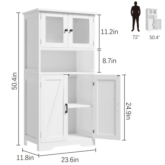 Badkamerkast – Badkamermeubel – Opbergkast – Kolomkast – Wastafelonderkast – Landelijke Stijl – Verstelbare Planken – Glazen Deuren – Wit – Hardhout