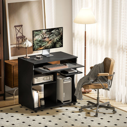 Comput Bureau – Computertafel – Werkplek Tafel – Bureau Met Opbergruimte – Keyboardlade – Compact 80x48x75 cm – Stevig Matzwart Met Vijf Wielen