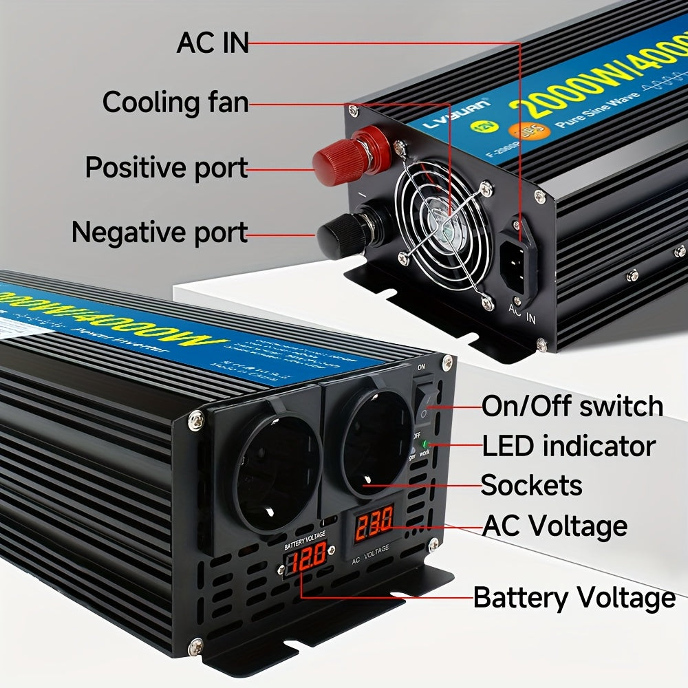 Autospanningsomvormer – Stroomomzetter – Inverter – DC naar AC Converter – 2000W Zwarte Variant – Zuivere Sinusgolf – 3 Europese Stopcontacten