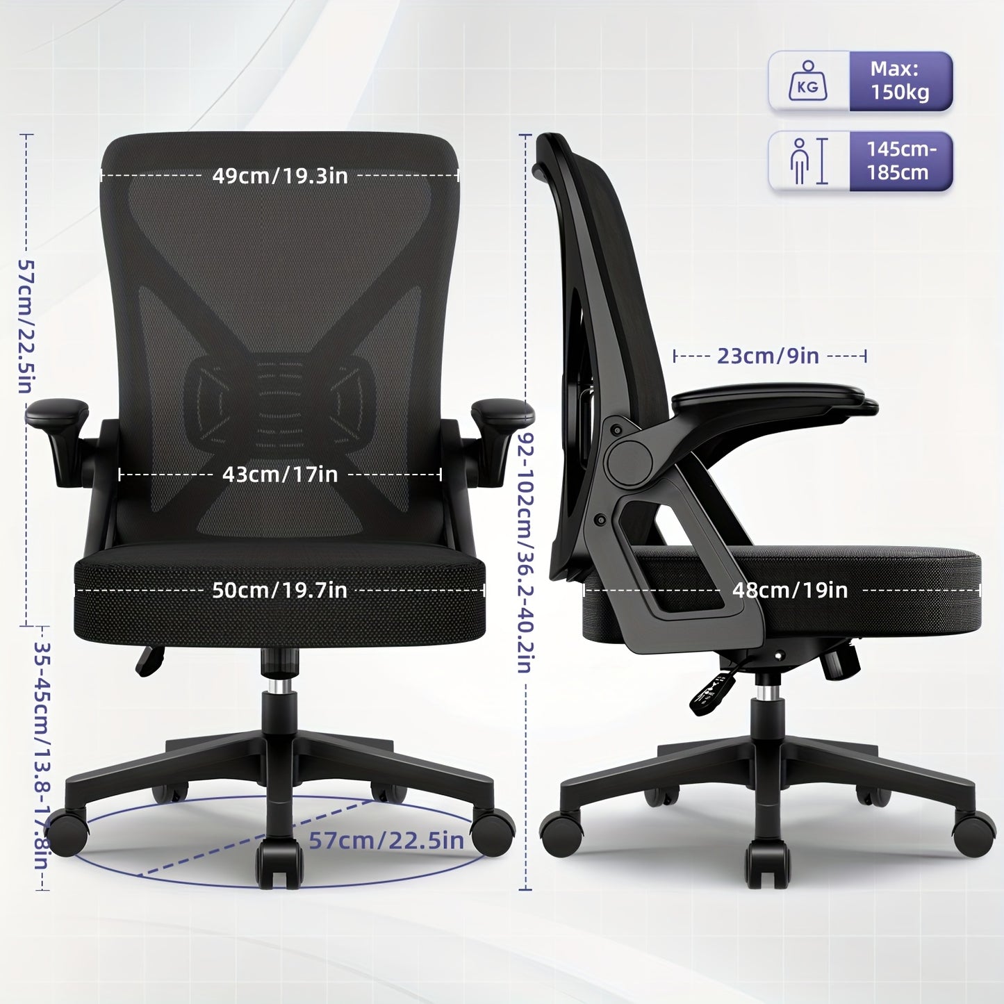Modern Ergonomic Office Chair with Adjustable Lumbar Support, Breathable S-Shaped Backrest, Foldable Armrests, High-Density Foam Seat & Quiet 360° PU Wheels - Smooth