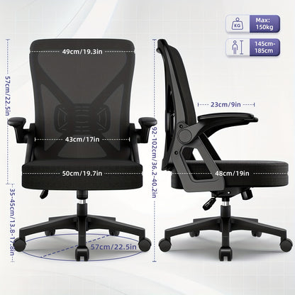Modern Ergonomic Office Chair with Adjustable Lumbar Support, Breathable S-Shaped Backrest, Foldable Armrests, High-Density Foam Seat & Quiet 360° PU Wheels - Smooth