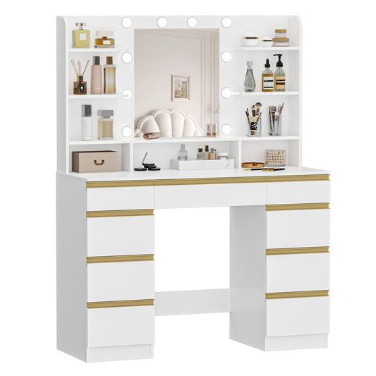 Make-up Tafel – Kaptafel – Visagie Tafel – Beauty Tafel – Dressing Table – LED Verlichting 10 Lampen – Grote HD Spiegel & 9 Opbergvakken – Wit Gouden Afwerking