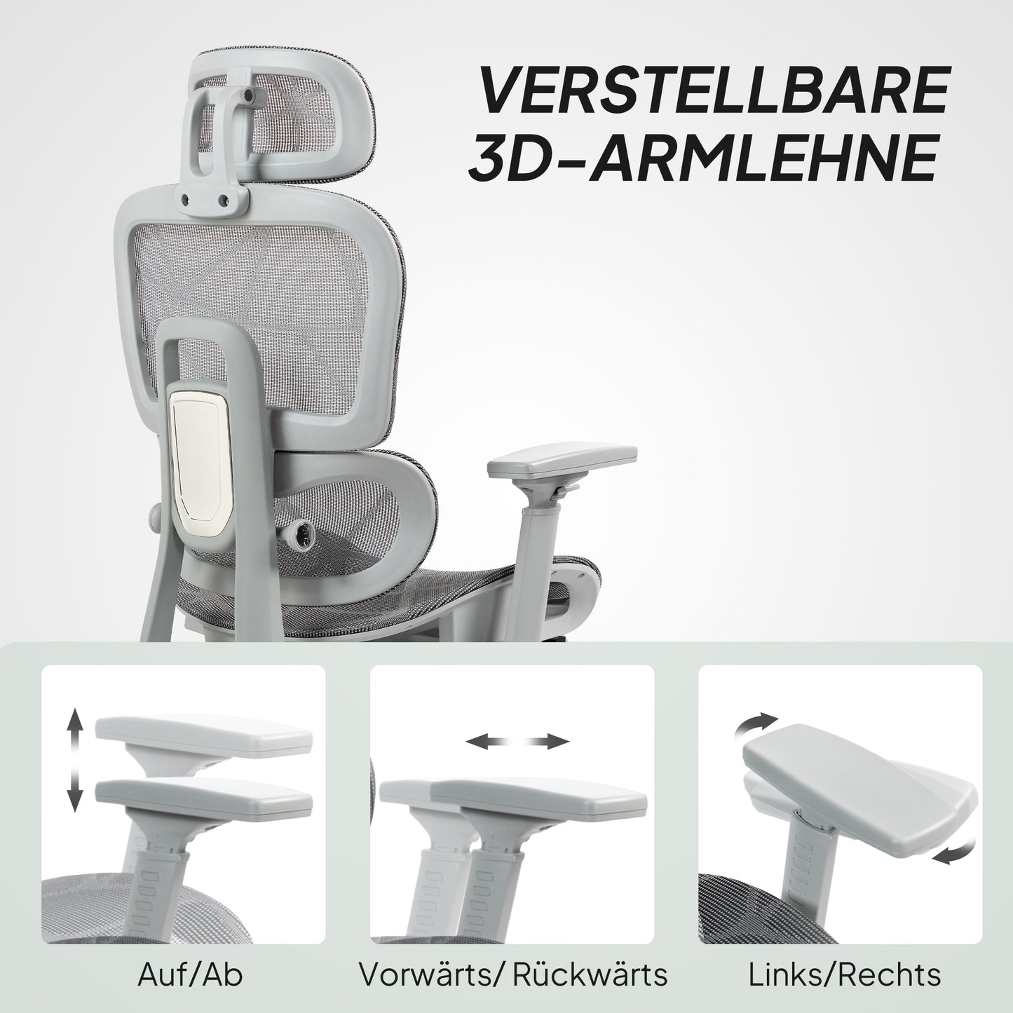 Ergonomische Bureaustoel – Kantoorstoel – Deskchair – Werkstoel – Mesh Bureaustoel – Verstelbare Armleuningen – Ademend Mesh Stof – Grijs