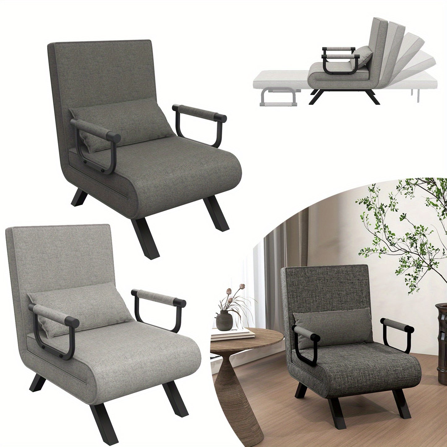 Slaapbank – Sofa Bed – Bedbank – Logeerbed – Slaapstoel – 3-in-1 Multifunctioneel – Verstelbare Rugleuning – Donkergrijs – Draagvermogen Tot 200 kg