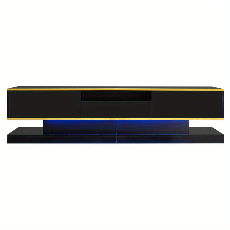Modern Tv-meubel – Tv-kast – Entertainmentmeubel – Opbergmeubel – Woonkamermeubel – Zwart Hoogglans Met Gouden Accenten – 3 Laden + Open Vak Met Kleurveranderende LED – Ruimtebesparend 180x38x45 cm