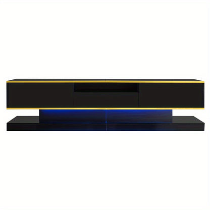 Modern Tv-meubel – Tv-kast – Entertainmentmeubel – Opbergmeubel – Woonkamermeubel – Zwart Hoogglans Met Gouden Accenten – 3 Laden + Open Vak Met Kleurveranderende LED – Ruimtebesparend 180x38x45 cm