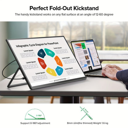 22" Draagbare Monitor – Touchscreen Monitor – Tweede Scherm – Mini Monitor – Laptop Extender – 2K QHD Resolutie – 10-Punts Touch – VESA Montage & 180° Verstelbare Standaard