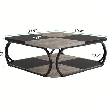 Salontafel – Koffietafel – Woonkamertafel – Bijzettafel – Theetafel – Vierkant – Met Open Plank – Stevig Metalen Frame – 99 cm – Rustiek Grijs Zwart
