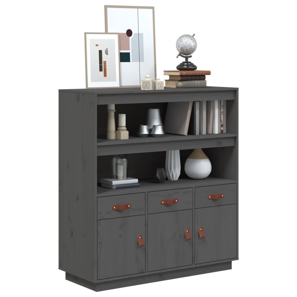 Hoogkast – Opbergkast – Dressoir – Kledingkast – Vitrinekast – Massief Dennenhout – 3 Deuren & 3 Laden – Grijs Afgelakt