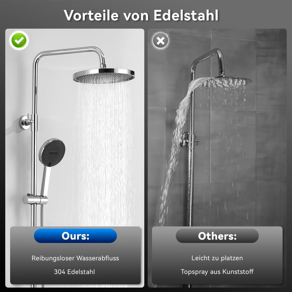 Doucheset – Regendouche – Douchekolom – Thermostaatkraan – Handdouche – Ronde 255 mm Regendouchekop – Verstelbare Roestvrijstalen Douchearm