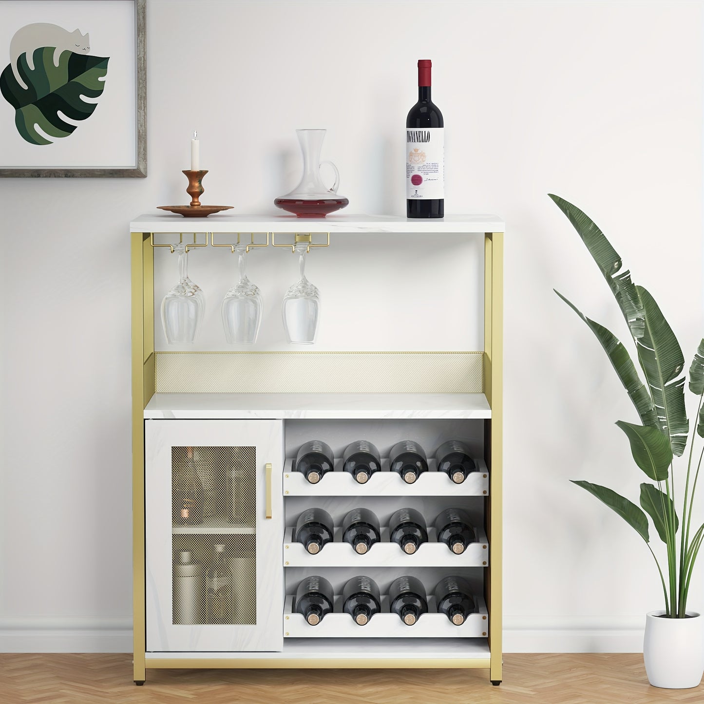 Dressoir – Buffetkast – Opbergkast – Keukenkast – Bar kast – 3-laags met wijnrek – MDF en metalen mesh deur – 69x35x92 cm