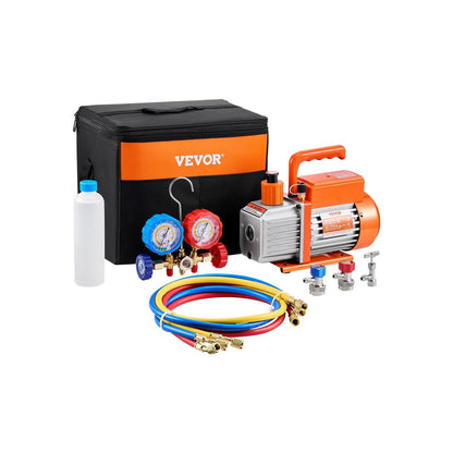 Vacuümpomp – Vacuümpompset – Aircopomp – Koeltechniek Set – Manometerset – Compatibel Met R134a R22 R12 R502 – 3,5 CFM Capaciteit – Precisie Manometer Met Kleurgecodeerde Slangen – Oranje Variant