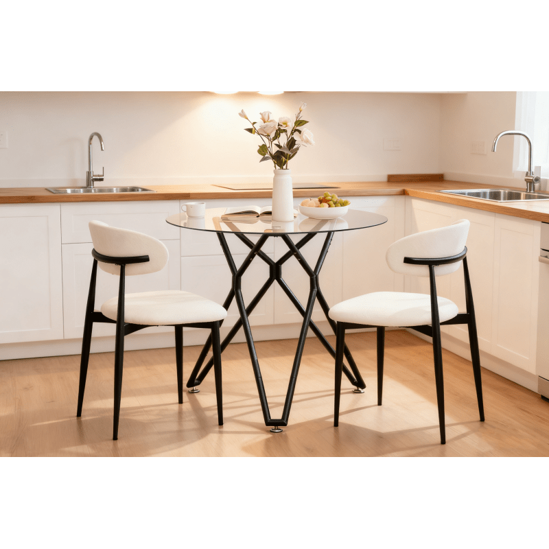 Ronde Eettafel – Eettafel Glas – Tafel Klein – Ronde Tafel – Keukentafel Zwart Metaal – 90 cm Diameter – Gehard Glasblad – Stevig Metalen Onderstel