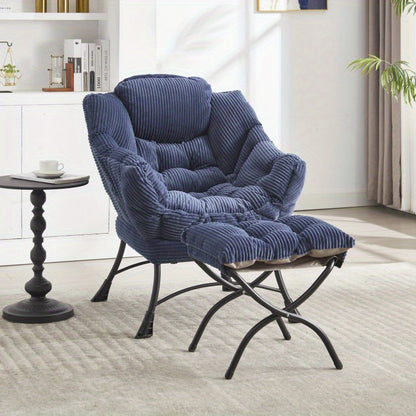 Fauteuil – Lazy Chair – Lounge Chair – Zitstoel – Relaxfauteuil – Navy Blauw – Met Ottoman & Zijvak – Stalen Frame & Flanellen Bekleding