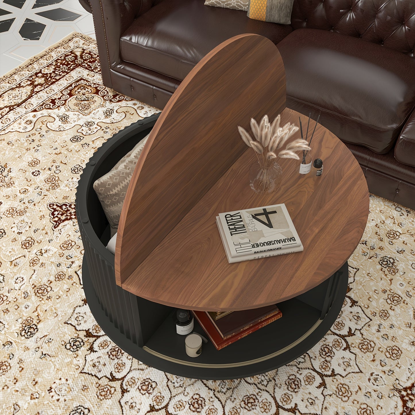 Salontafel – Koffietafel – Woonkamertafel – Bijzettafel – Loungetafel – Massief Hout – Lift-Top Met Opbergruimte – Zwart Met Walnotenhouten Blad